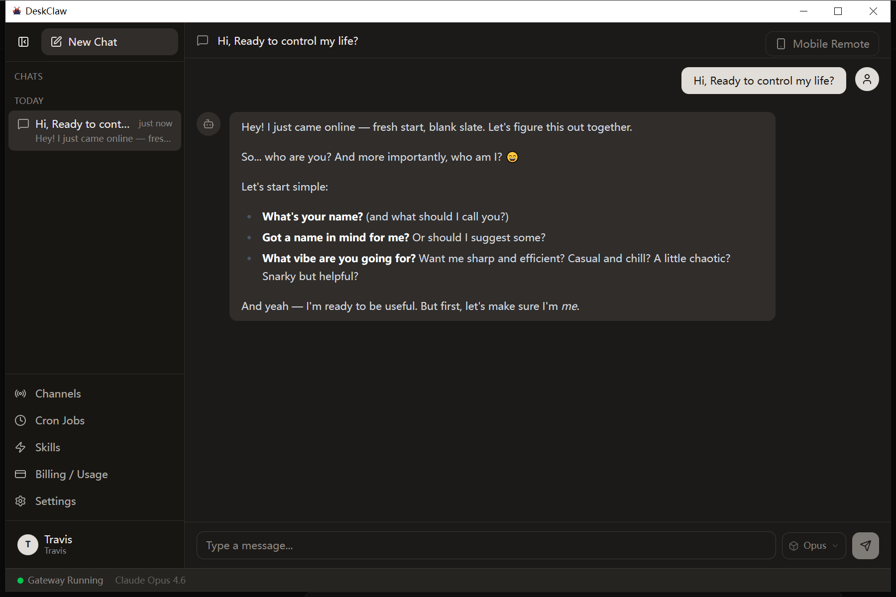 DeskClaw chat interface — AI agent conversation with rich text responses