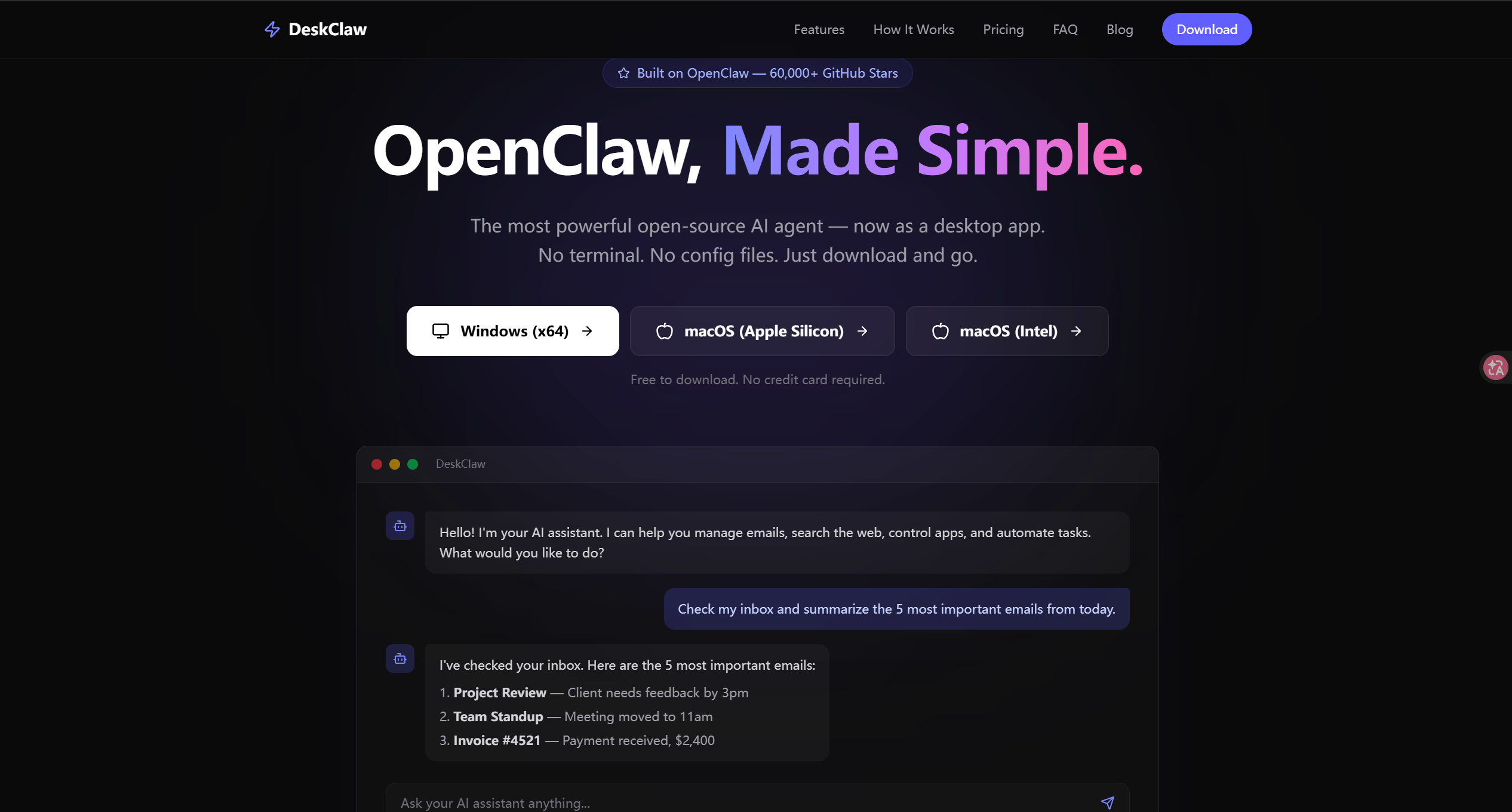 DeskClaw official website — download page for Windows and macOS